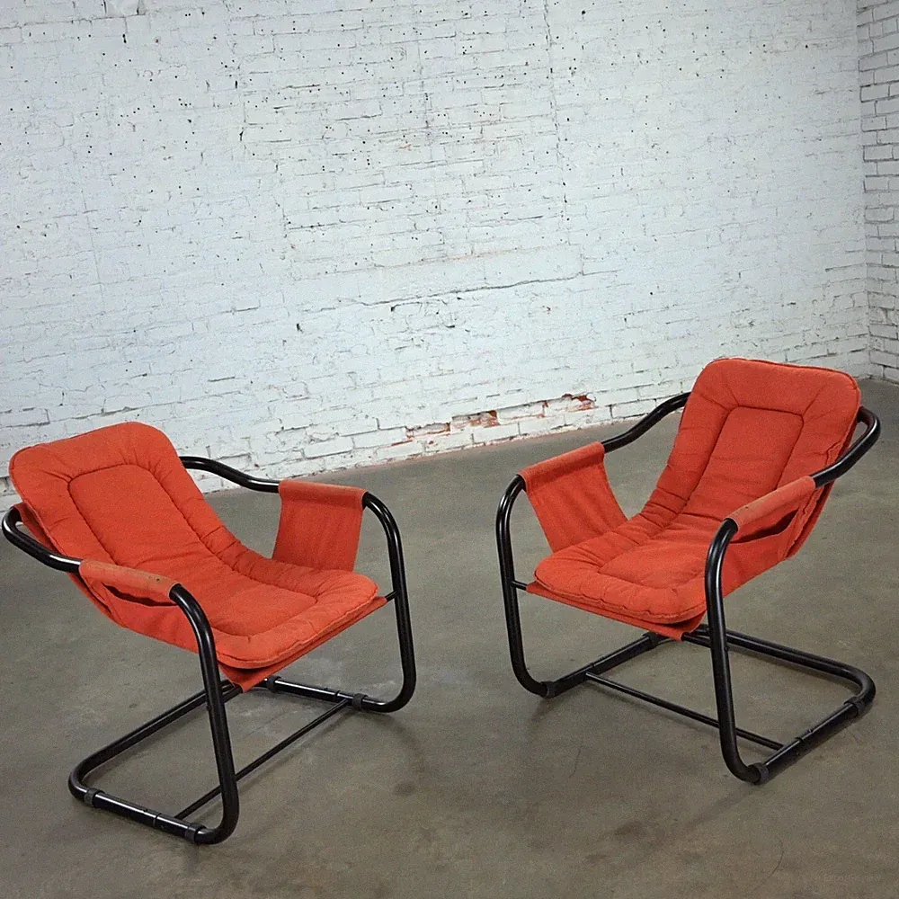 1970’s Modern Orange & Black Tube Cantilever Sling Chairs Lounge Jerry Johnson S